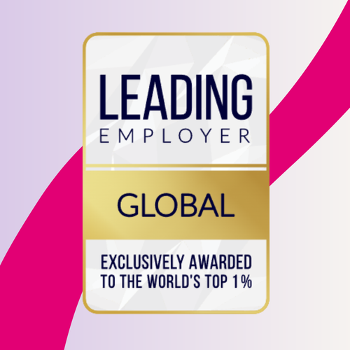 A "Leading Employer Global" award badge, exclusively for the world's top 1%, on a gradient background with a pink diagonal stripe.