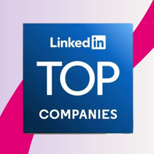 Blue LinkedIn "Top Companies" sign with a pink and white background.