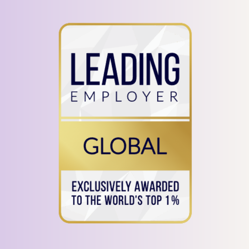 A badge shows "Leading Employer Global" with the subtitle "Exclusively Awarded to the World's Top 1%," set against a purple gradient background.