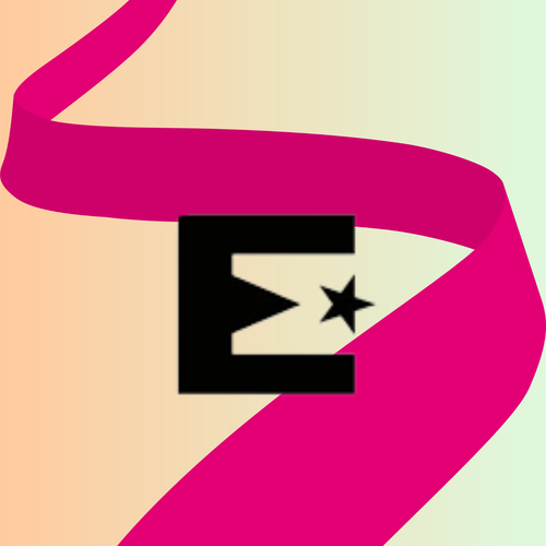 A black letter "E" with a star inside over an orange-to-green gradient background, intersected by a flowing pink ribbon.