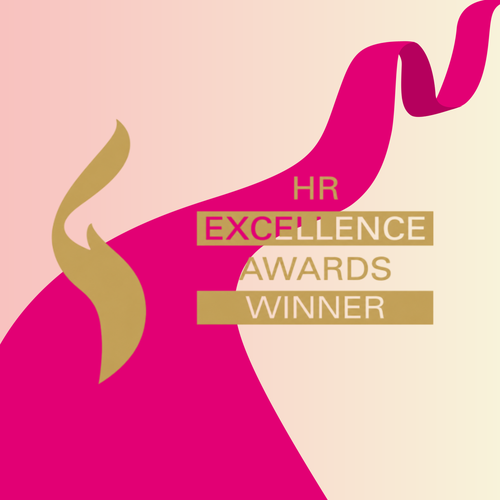 Abstract design with a golden flame shape and the text "HR Excellence Awards Winner" in gold on a pink background.
