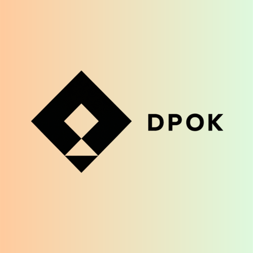 A black geometric logo with the letters "DPOK" on a gradient background transitioning from orange to light green.