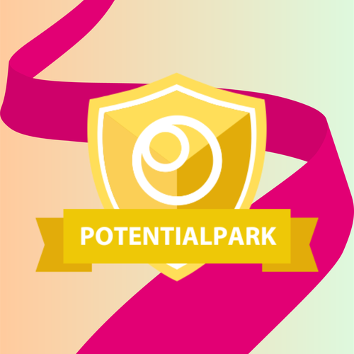 A golden shield with a white circle icon and the word "POTENTIALPARK" on a ribbon, against a pink and beige background.
