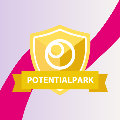A yellow shield with a circle design and a yellow banner that reads "POTENTIALPARK" on a purple background with a pink swoosh.