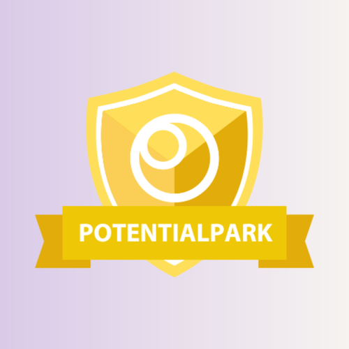 A golden shield with a circular emblem and a banner that reads "POTENTIALPARK" on a gradient background.