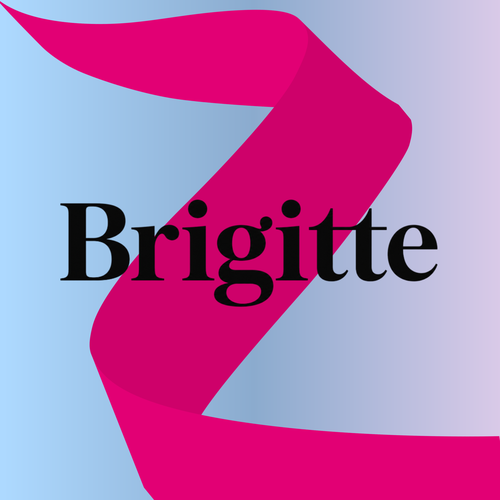 The word "Brigitte" in black serif font on a light blue gradient background, with a diagonal pink ribbon.