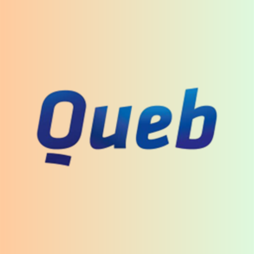 Text "Queb" in a blue gradient font on a soft orange-to-light green gradient background.