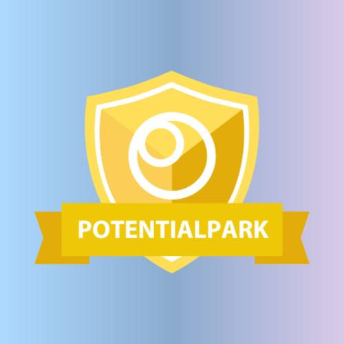 A golden shield with a circular emblem and the word "POTENTIALPARK" on a yellow banner, set against a blue and purple gradient background.