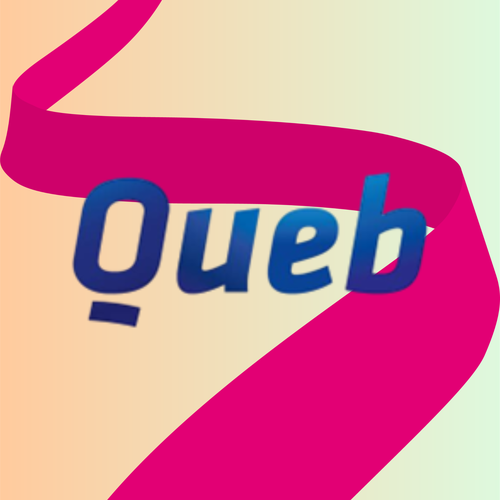 The word "Queb" in blue gradient text over a pink ribbon on a light gradient background.