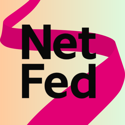 The image features the words "Net Fed" in bold black text over a red ribbon with a gradient peach to light green background.