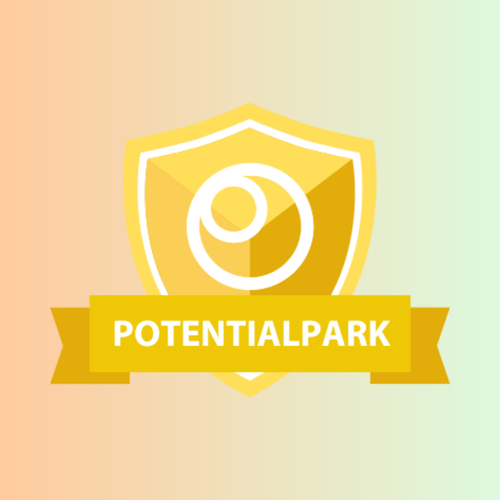 A yellow shield with a white orb design and "POTENTIALPARK" written on a yellow ribbon against a gradient background.