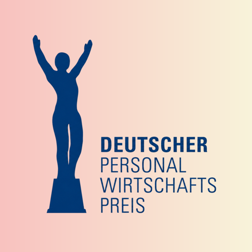 Silhouette of a trophy with arms raised next to text: "Deutscher Personalwirtschaftspreis" on a gradient background.