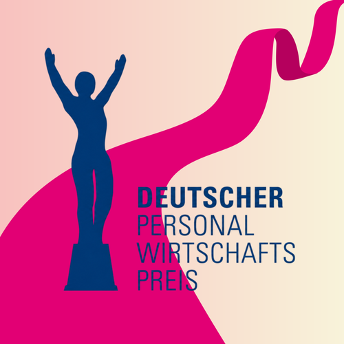 Silhouette of a person with raised arms on a pink and beige background, with text "DEUTSCHER PERSONAL WIRTSCHAFTS PREIS."