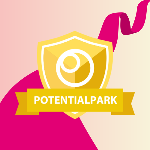 A yellow shield with a circular emblem and "POTENTIALPARK" on a ribbon, set against a pink and beige background with a ribbon-like shape.
