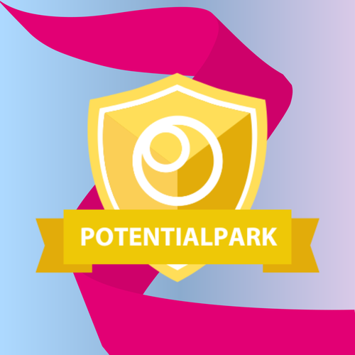 A yellow shield with a circular symbol and "POTENTIALPARK" banner, set against a blue and pink gradient background.