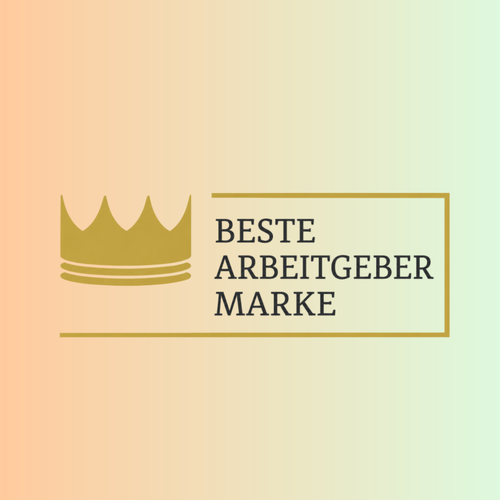 Golden crown icon with text "Beste Arbeitgeber Marke" on a gradient background.