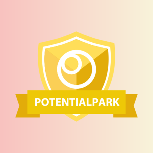 A yellow shield with a circular symbol and a ribbon below it reading "POTENTIALPARK" on a gradient pink background.