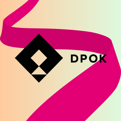 A geometric logo with black shapes next to the letters "DPOK" on a gradient background, with a bold pink ribbon flowing diagonally across.