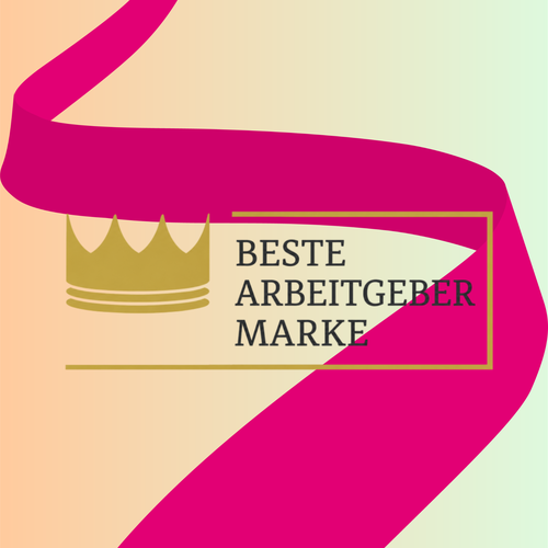 A pink ribbon and gold crown with "Beste Arbeitgeber Marke" text on a gradient background.