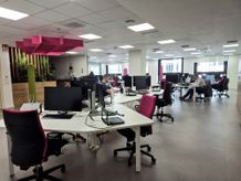 Modern open-plan office with white desks and pink-accented chairs, several people working at computers, and plants in the background.