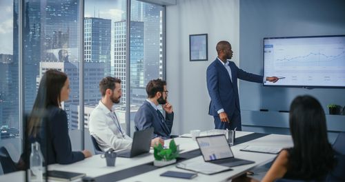 A man in a suit presents a graph on a screen to four colleagues in a modern conference room with cityscape views.