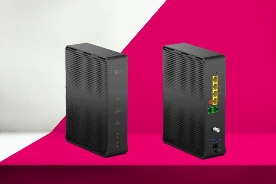 Two black Wi-Fi routers on a pink and white background, showing front and back views with ports and indicator lights.