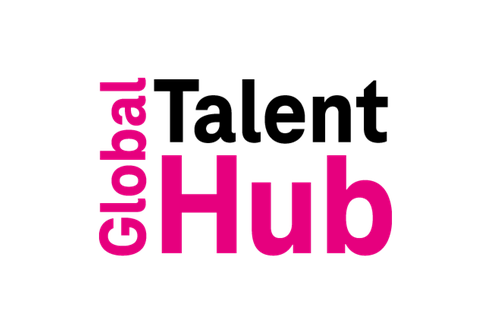 Text logo with "global Talent Hub" in black and magenta, featuring "global" vertically aligned to the left of "Talent Hub."
