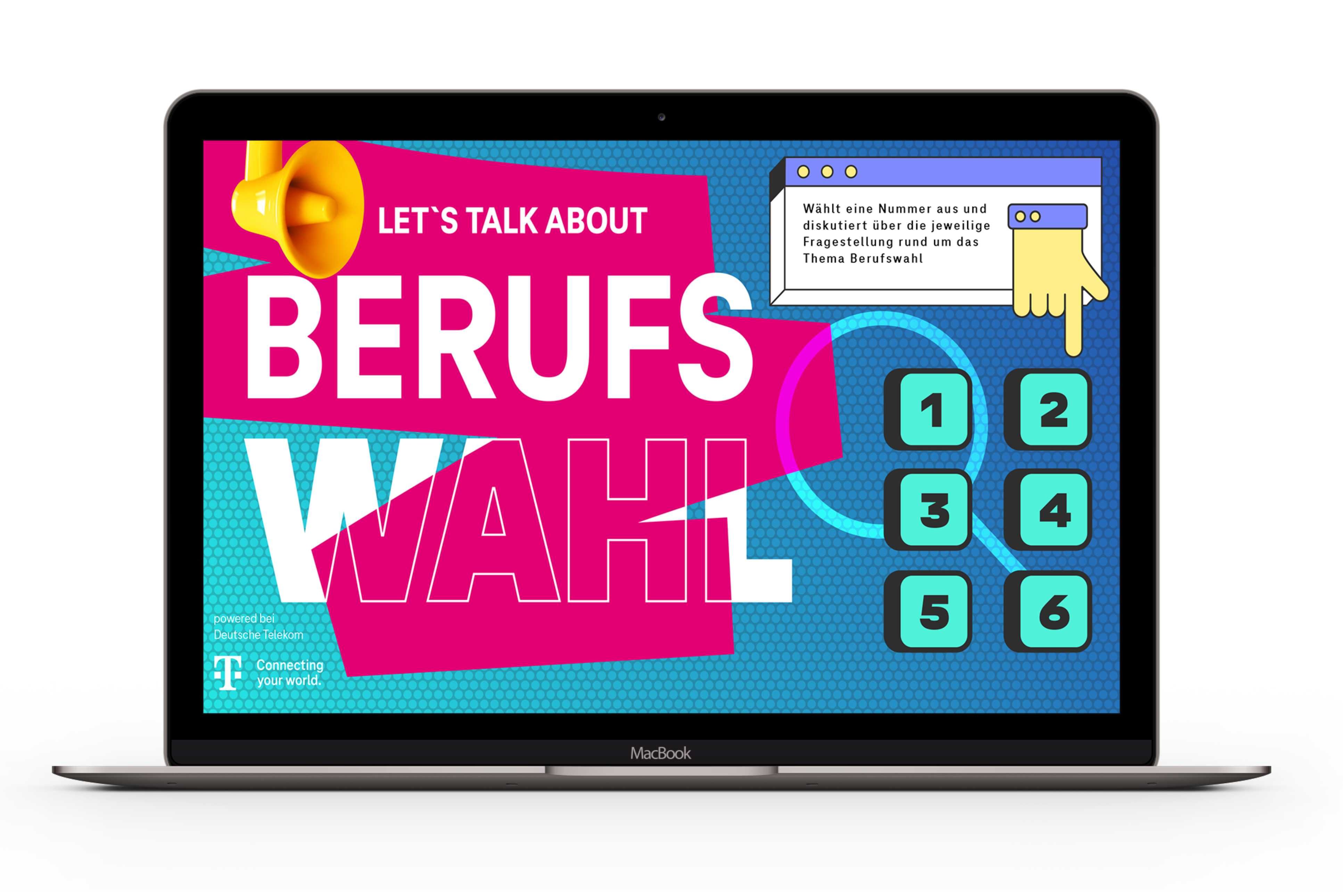 Laptop displaying a colorful graphic with "Let's talk Berufswahl" and a digital keypad numbered 1 to 6 for topic selection.