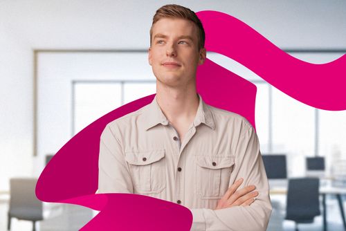 Man in a light shirt stands confidently with arms crossed, set against a modern office backdrop and bold magenta graphic elements.