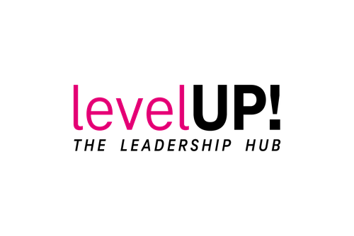 Logo with "level UP!" in magenta and black, and "THE LEADERSHIP HUB" in black below.