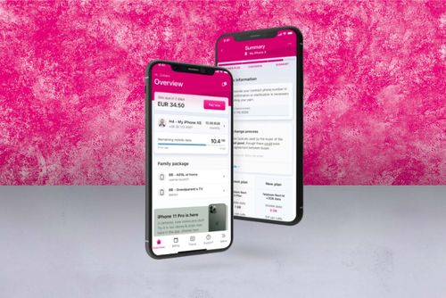 Two smartphones displaying a mobile app with a pink-themed interface, featuring account overview and summary screens, against a pink textured background.