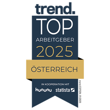 Badge with "Top Arbeitgeber 2025 Österreich" in gold and white text on a dark blue background. Logos of Kununu and Statista below.