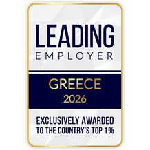 Plaque reading "Leading Employer Greece 2026, Exclusively Awarded to the Country's Top 1%," with a gold and blue border.