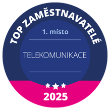 Circular badge reading "Top Zaměstnavatelé, 1. místo, Telekomunikace, 2025" with a blue and pink design and three stars.