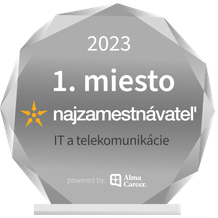 Award badge with "2023 1. miesto najzamestnávateľ IT a telekomunikácie" and Alma Career logo at the bottom.