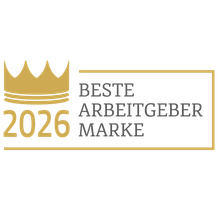 Golden crown above "2026" with text "Beste Arbeitgeber Marke" on the right. Gold and black color scheme on a white background.