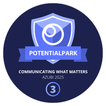 Blue badge with a shield and circle design, labeled "Potentialpark," "Communicating What Matters," "Azubi 2025," and the number "3."