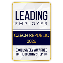 Plaque reading "Leading Employer Czech Republic 2026, Exclusively Awarded to the Country's Top 1%," with a geometric background.