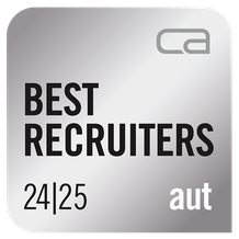 Silver award badge with "Best Recruiters 24|25" and "aut" in bold black text, featuring a stylized "ca" logo at the top right.
