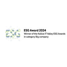 Abstract 3D shape in blue and green hues next to a bold black horizontal line on a white background.
