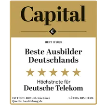Award cover: "Capital" header, "Beste Ausbilder Deutschlands" with five gold stars and text "Höchstnote für Deutsche Telekom."