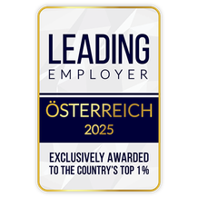 Award badge reading "Leading Employer Österreich 2025, Exclusively Awarded to the Country's Top 1%," with a blue and gold design.