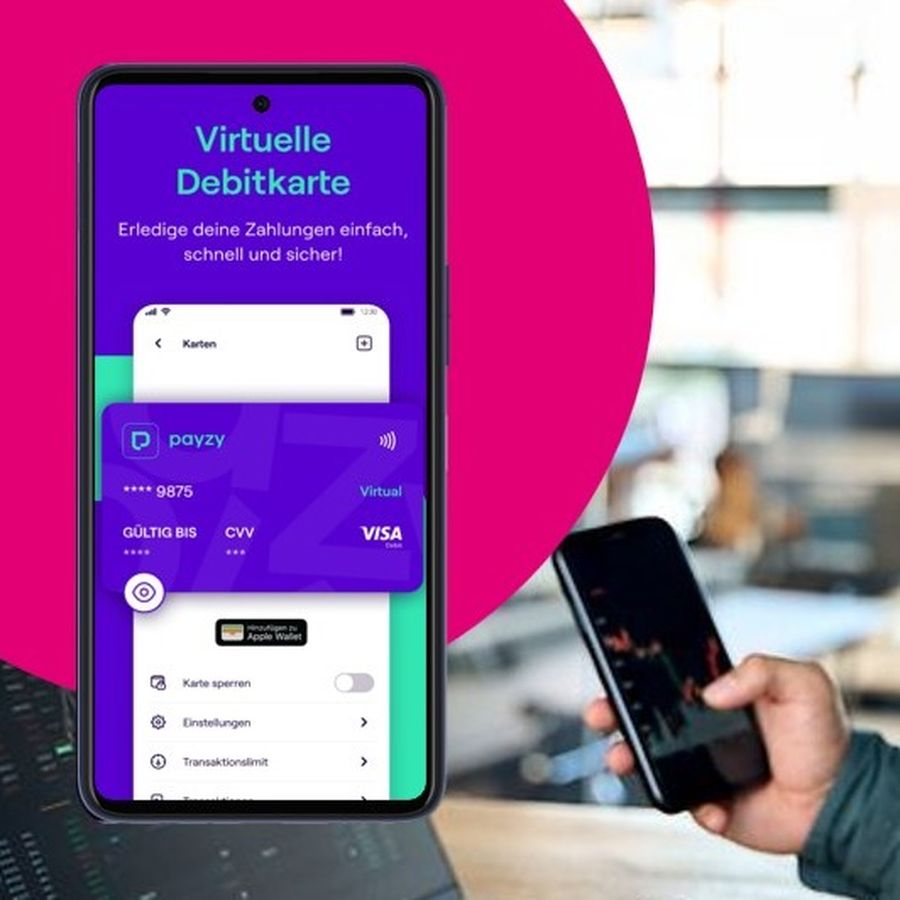 Smartphone displaying a virtual debit card app with a person holding a phone in the background. Text in German about easy, secure transactions.