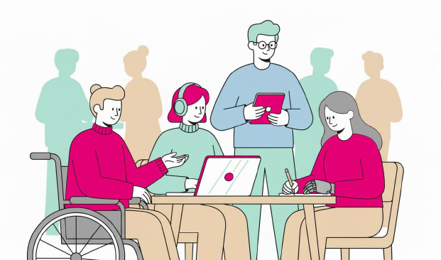 A diverse group of four people collaborating at a table, with a laptop and tablet. One person is in a wheelchair, another wears headphones.