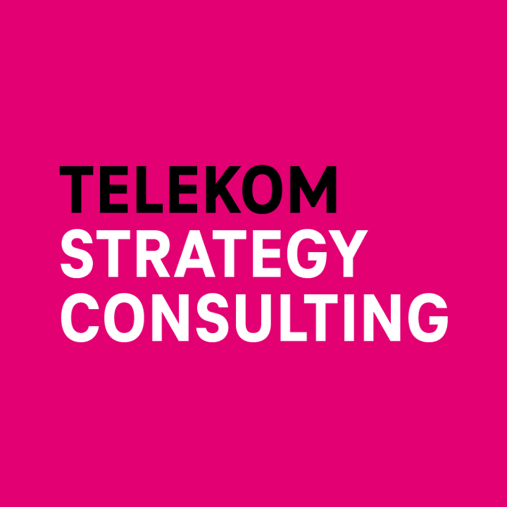Bold text "TELEKOM STRATEGY CONSULTING" on a vibrant pink background.