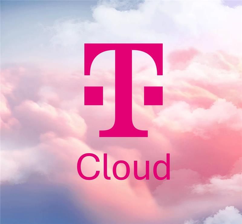 Pink "T" logo above the word "Cloud" on a background of pink and blue clouds.
