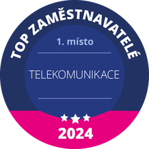 Blue and pink badge with text "TOP ZAMĚSTNAVATELÉ," "1. místo," "TELEKOMUNIKACE," and "2024," featuring three stars at the bottom.