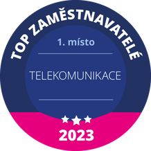 Badge with text "Top Zaměstnavatelé 2023, 1. místo, Telekomunikace," featuring a blue and pink color scheme with three stars.