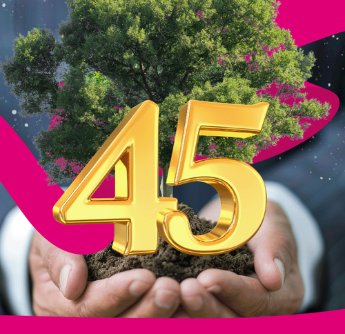 A little tree in two hands and the number 45 in front