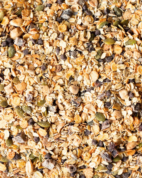 Gros plan sur du muesli avec flocons d'avoine, graines de courge et cacahuètes